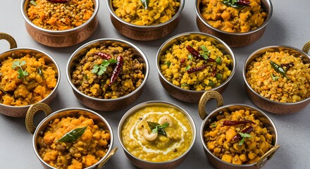 indian food Assorted Indian Lentil and Vegetable Dishes in Copper Bowls