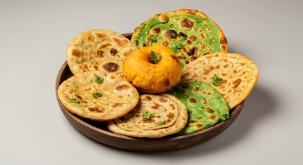 indian food Assorted Indian Flatbreads: Paratha, Roti, and Kulcha in Wooden Bowl