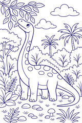 Long-neck dinosaur eating leaves in jungle outline style