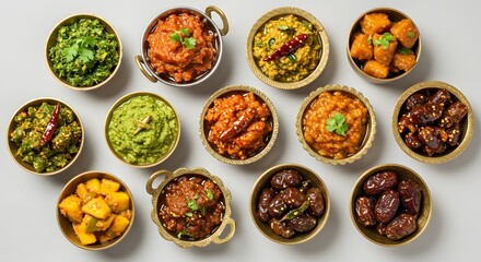 indian food Assorted Indian Chutneys and Pickles in Brass Bowls: Culinary Delights