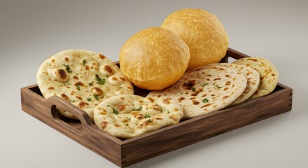 indian food Assorted Indian Breads: Naan, Roti, and Puri in Wooden Tray