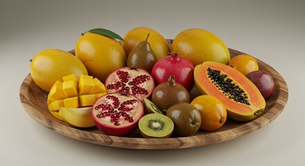 indian food Assorted Exotic Fruits in Wooden Bowl: Mango, Papaya, Pomegranate, Kiwi, and More