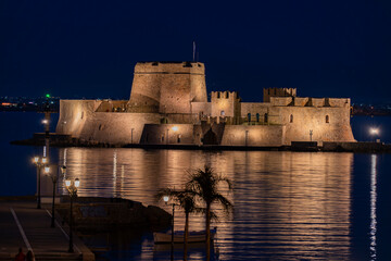 Greece, Nafplio, Bourtzi Castle - 31 march 2024 - The spectacular Bourtzi Castle in Nafplio lit up at night