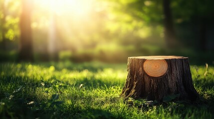 Sunlit Forest with Tree Stump and Lush Green Grass Background