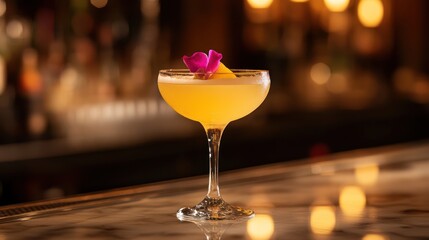 Golden cocktail, orchid garnish