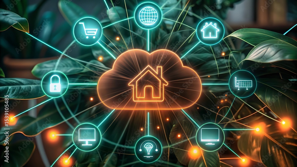 Aufkleber futuristic smart home automation system concept with glowing digital interface icons integrated into