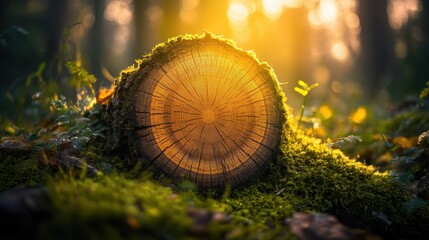 Sunlit Tree Stump Surrounded by Greenery in Tranquil Forest Setting
