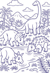 Group of dinosaurs drinking water in prehistoric jungle