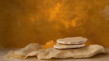 Textured Background with Natural Stone Slabs and Autumn Leaf