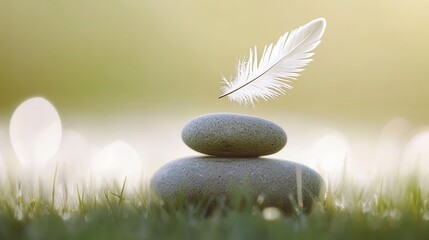 Tranquil Balance of Pebbles with Gentle Feather on Green Background