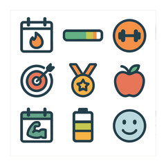 Home Strength Training Icons. Flat icon set of strength training at home: bicep curl, overhead press, deadlift