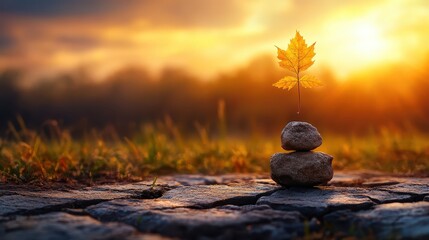 Tranquil Balance of Stones with a Leaf Against a Sunset Sky