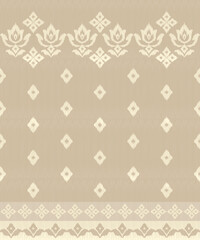 Elegant seamless ikat patterns featuring lotus motifs in soft beige tones. Luxurious traditional Thai textile design for high-end fabric, packaging, or interior decor.
