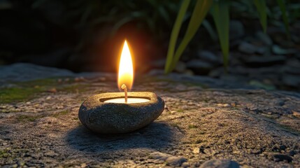 Tranquil Candle Flame on Stone Surface in Natural Setting
