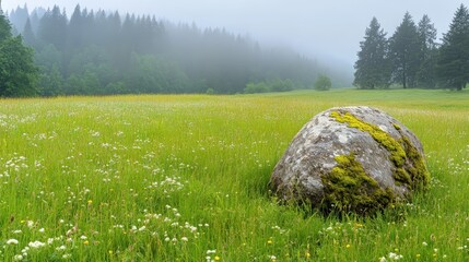 Tranquil Meadow Scene with Stone and Misty Forest Background