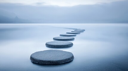 Tranquil Pathway Over Water with Circular Stones in Misty Environment