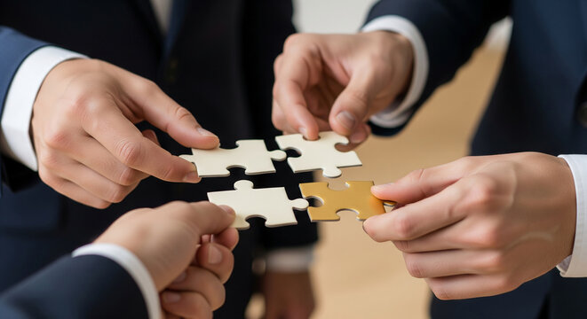 Close-up of four hands connecting puzzle pieces, symbolizing teamwork, collaboration, and problem-solving in business