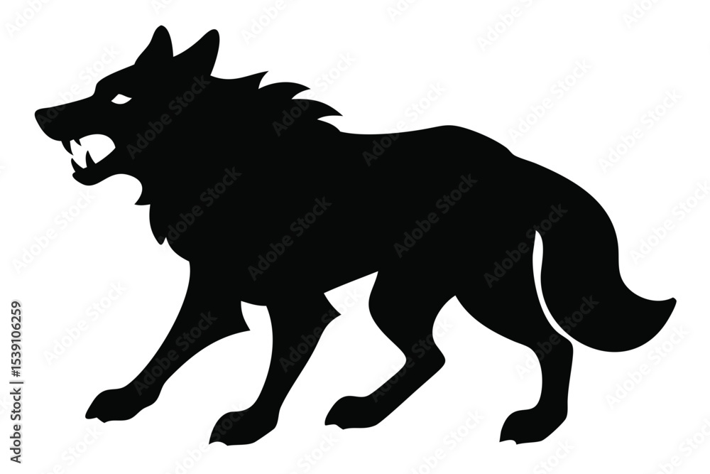 Poster silhouette of a wolf with sharp teeth and glowing eyes standing in a defensive posture on a white ba