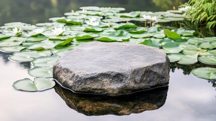 Tranquil Stone on Lily Pad Surface in Serene Water Setting