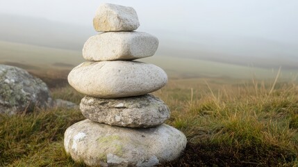 Tranquil Stone Stack Amid Foggy Landscape in Natural Environment