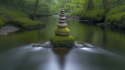 Tranquil Stone Stacks Balanced on Mossy Riverbank Surrounded by Trees