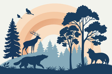 Silhouette of a forest scene with deer, wolves, birds, and trees under a pastel rainbow sky design created with generated ai