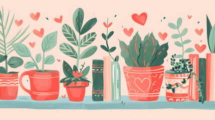 Charming potted plants adorn a shelf with books hearts a delightful illustration perfect for home decor blogs social media Valentine's Day greetings or spring themed projects