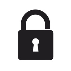 Black padlock icon on white background represents security for websites. Padlock icon is simple and minimal, perfect for app interfaces and digital projects