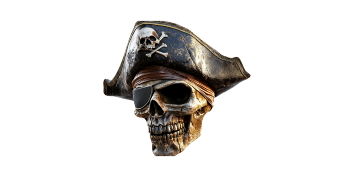 Pirate Skull With Eye Patch And Tricorn Hat. Symbol Of Adventure And Nautical Lore Isolated On Transparent Background