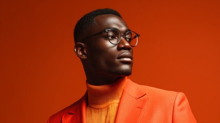 Sophisticated Man in Orange Turtleneck and Blazer Looking Away
