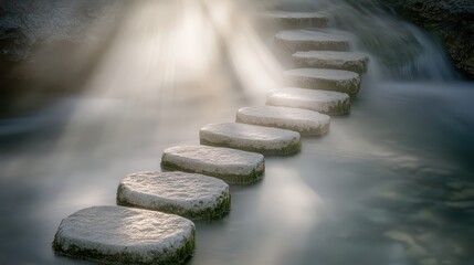 Tranquil Water Pathway with Illuminated Stepping Stones in Nature
