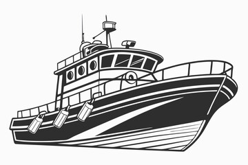 Obraz premium Monochrome Fishing Boat Illustration A Detailed Depiction of Nautical Vessels and Maritime Themes in Artistic Black and White