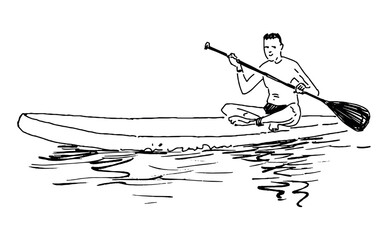 Sketch of young man on sup board sitting, rowing paddle and floating on water lake, vector contour hand drawndoodle illustration isolated on white