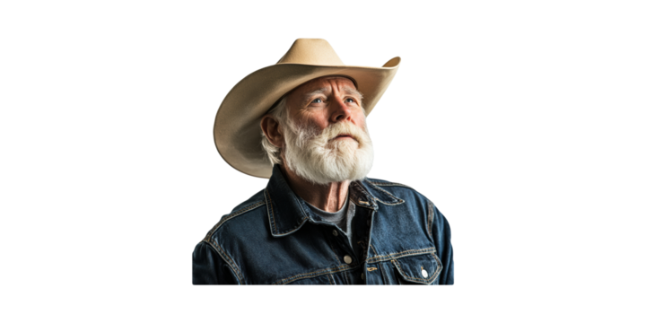 Bearded man in cowboy hat and denim jacket looking up isolated on transparent background