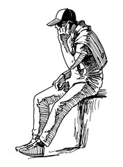Sketch of casual modern  young man in cap and sunglasses sitting outdoors and talking on smartphone, side view, realistic vector outline hand drawn illustration isolated on white