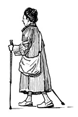 Sketch of casual elderly towns woman with sticks doing Nordic walking, side view, realistic vector outline hand drawn illustration isolated on white