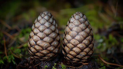 Two Pine Cones on Natural Forest Floor with Green Moss Background