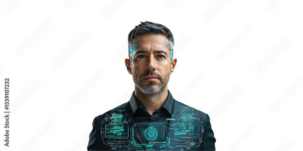 Poster futuristic man with augmented reality interface. concept of human-technology integration isolated on