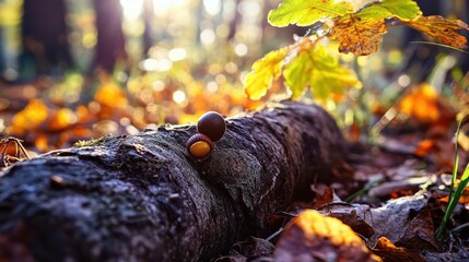 Vibrant Forest Floor with Acorns on Log Surrounded by Autumn Leaves