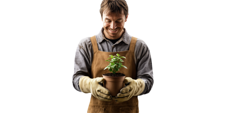 Gardener Holding Potted Plant With Joyful Expression. Emphasizing Growth And Sustainability Isolated On Transparent Background