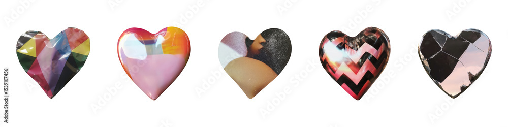 Poster heart-shaped stickers with artistic patterns and textures vintage element set isolated on transparen