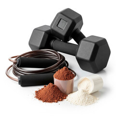 Skipping rope, two gym weights, and a scoop of brown whey powder and creatine powder spilling onto a white background in a bright environment