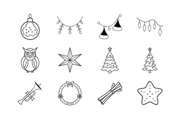 Collection of Line Art Christmas and Winter Holiday Icons on White Background