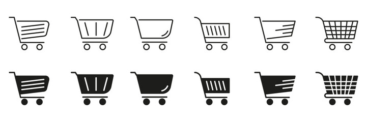 Shopping Cart Icon Set. E-Commerce, Online Shopping, And Retail Marketplace Symbol Collection. Various Cart Designs For Digital And Physical Stores. Isolated Vector Illustration