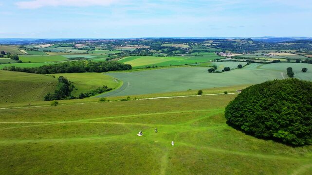 Aerial shot flying over Wiltshire countryside and Cranborne Chase scenic area