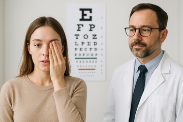 An ophthalmologist performing a detailed eye examination using diagnostic equipment to assess the patient's vision. A professional and precise moment in a clinical setting focused on eye health.