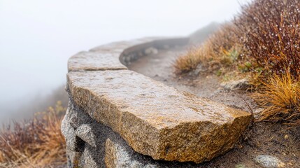 Wet Stone Pathway with Foggy Background in Mountain Environment