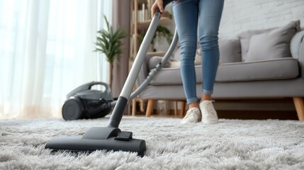 Woman Vacuuming Plush Carpet in Bright, Modern Living Room Interior