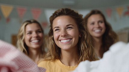 Obraz premium Three smiling young women, filled with anticipation and joy. Candid, authentic moment. Ideal for themes of friendship, youth, celebration, togetherness, and positive emotions.