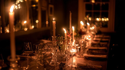 A large square wooden table served for Christmas dinner in a country house with large windows. Evening shooting. new year with friends and family. The interior is retro styled. Low light